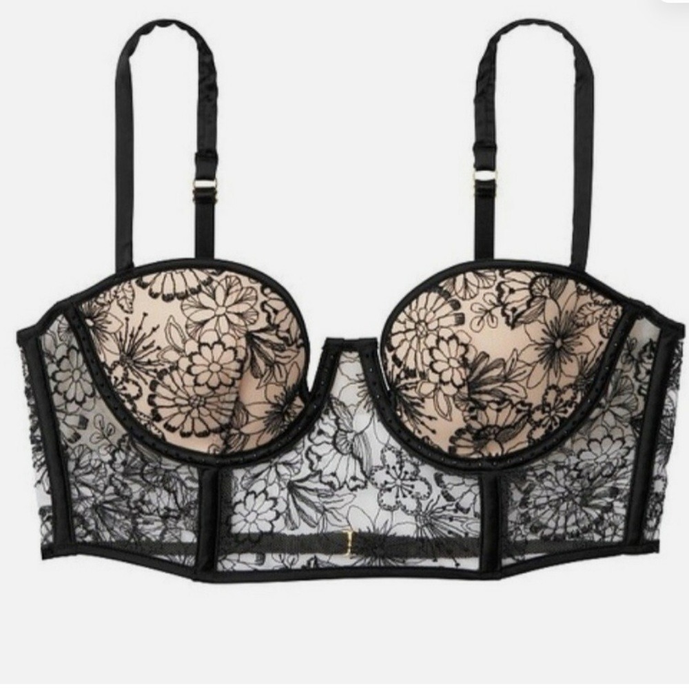 Victoria's Secret Size 34B Bustier Balconette Bra Black‎ Lace Lingerie Corset